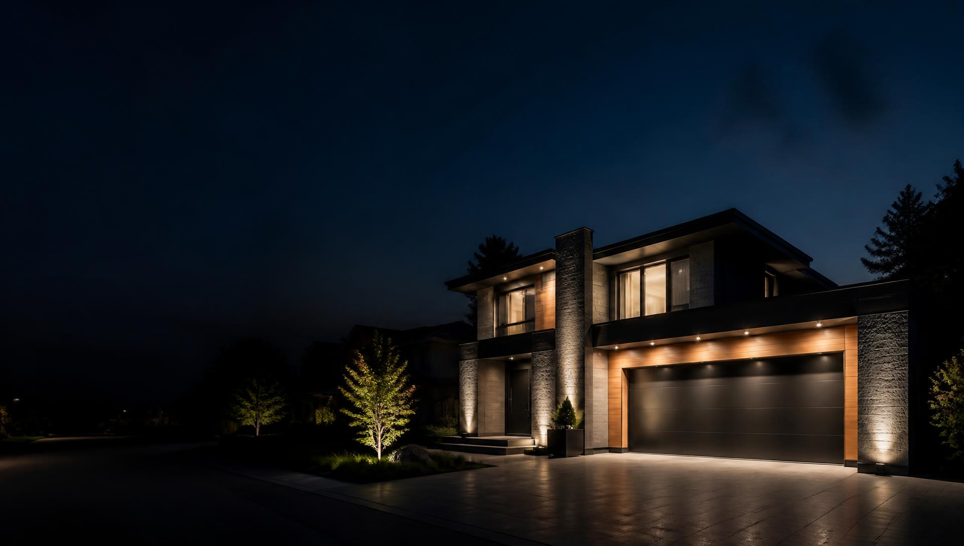 Maison contemporaine éclairée le soir avec une porte de garage moderne installée à Bruxelles
